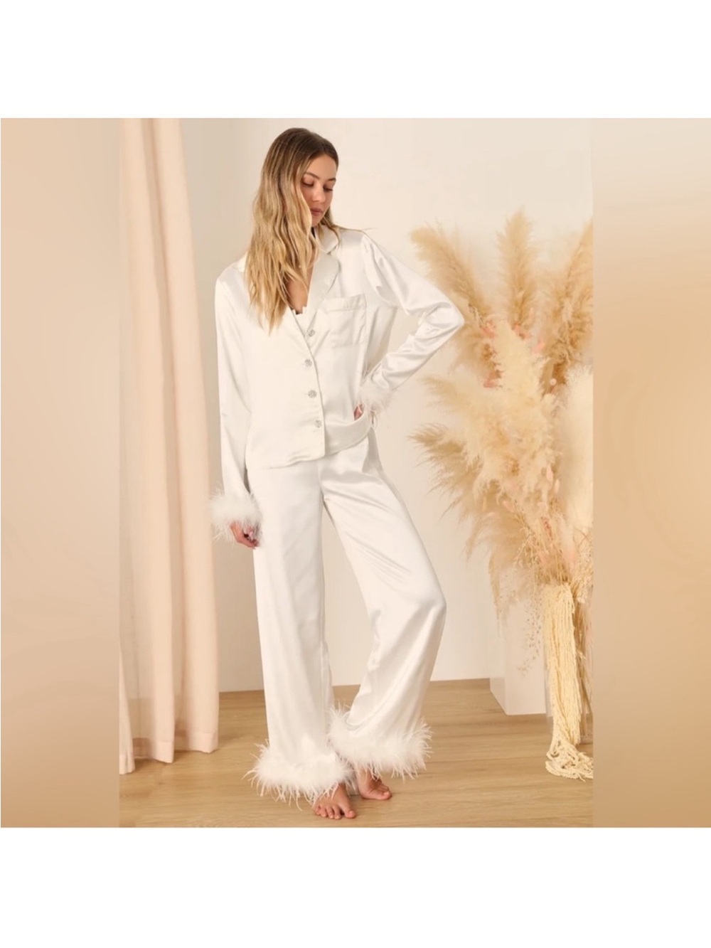 Lulu's White Faux-Fur Trim Satin PJ Set